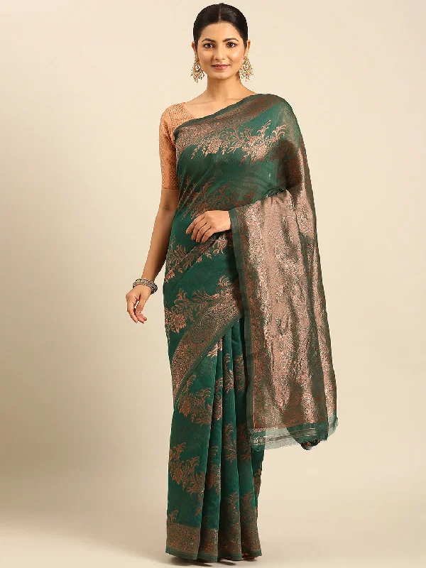 Women Green Cotton Saree With Un Stitched Blouse Chic Off-Shoulder Blouse
