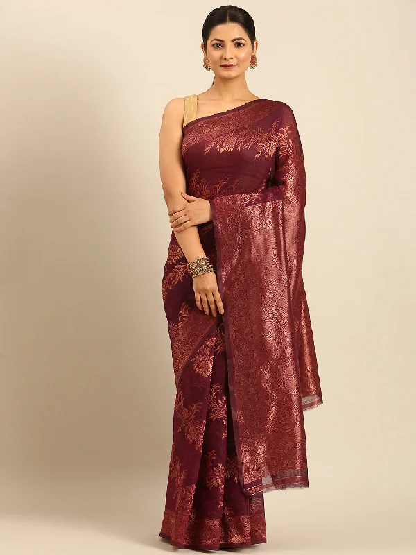 Women Purple Cotton Saree With Un Stitched Blouse Embroidered Floral Blouse
