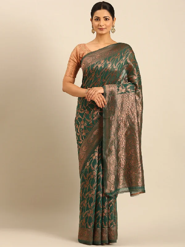 Women Green Cotton Saree With Un Stitched Blouse Cotton Casual Blouse