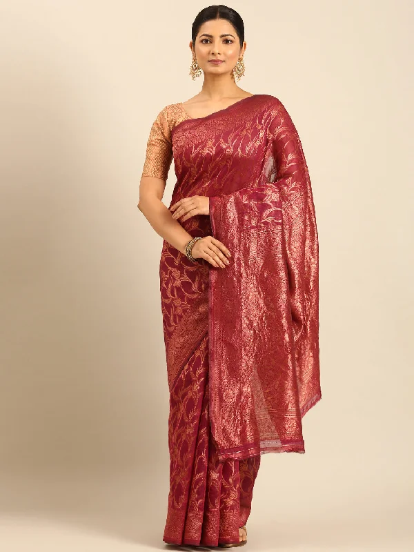 Women Magenta Cotton Saree With Un Stitched Blouse Ruffled Neck Blouse