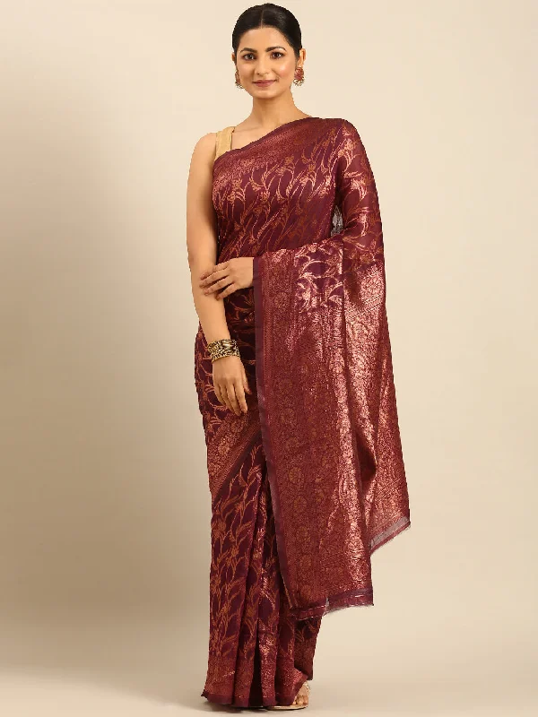 Women Purple Cotton Saree With Un Stitched Blouse Peter Pan Blouse