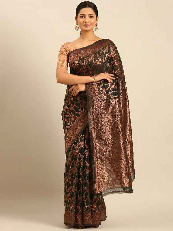 Women Bottle Green Cotton Saree With Un Stitched Blouse Satin Long Blouse