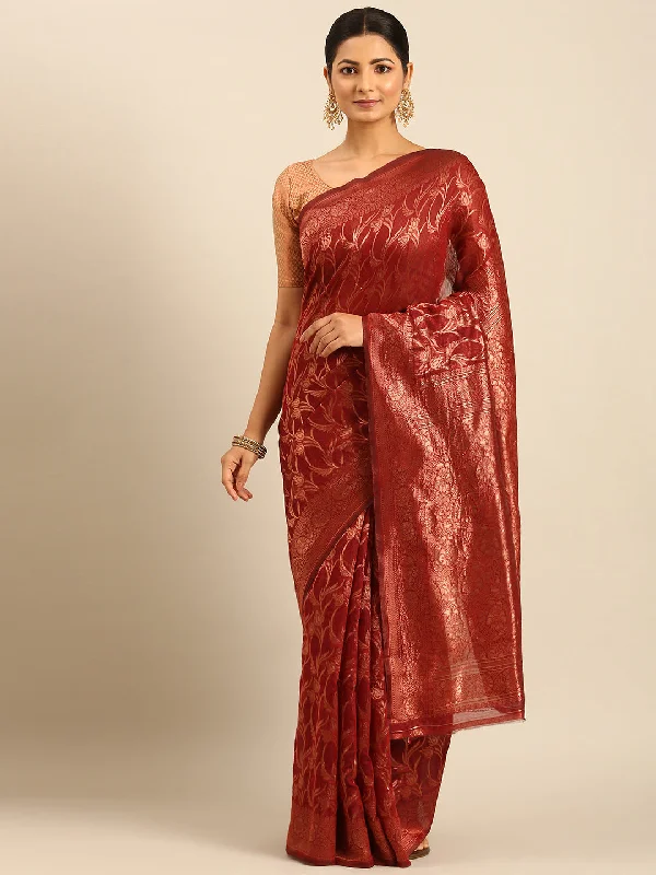 Women Red Cotton Saree With Un Stitched Blouse Boho Printed Blouse