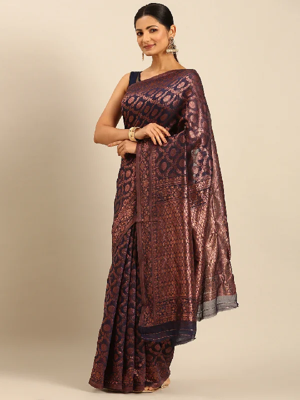 Women Navy Blue Cotton Saree With Un Stitched Blouse Puff Sleeve Blouse