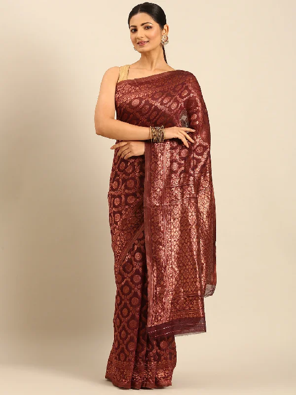 Women Wine Cotton Saree With Un Stitched Blouse Office Formal Blouse