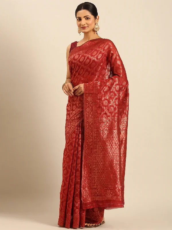 Women Red Cotton Saree With Un Stitched Blouse Lightweight Chiffon Blouse