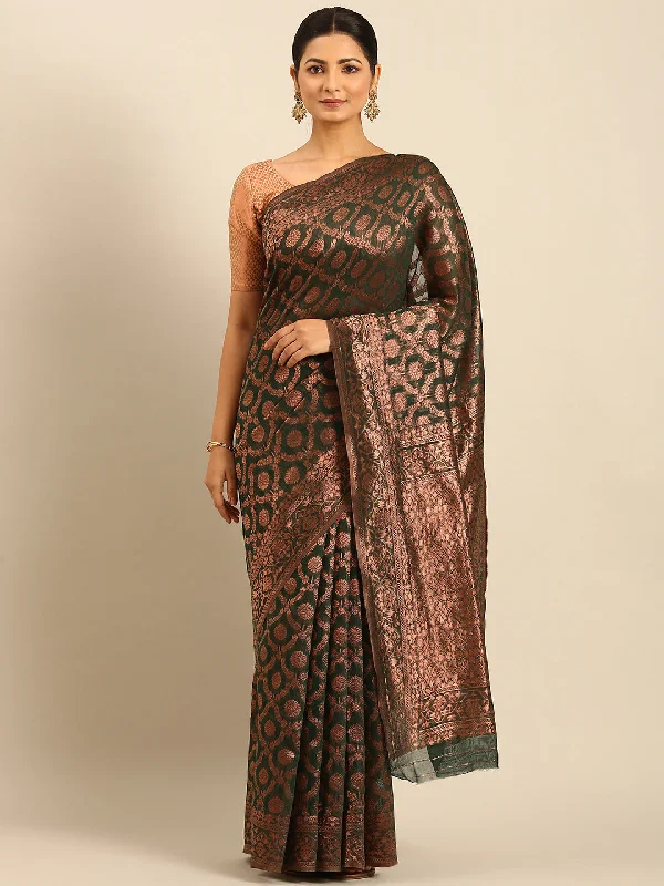 Women Dark Green Cotton Saree With Un Stitched Blouse Chic Ruffle Blouse