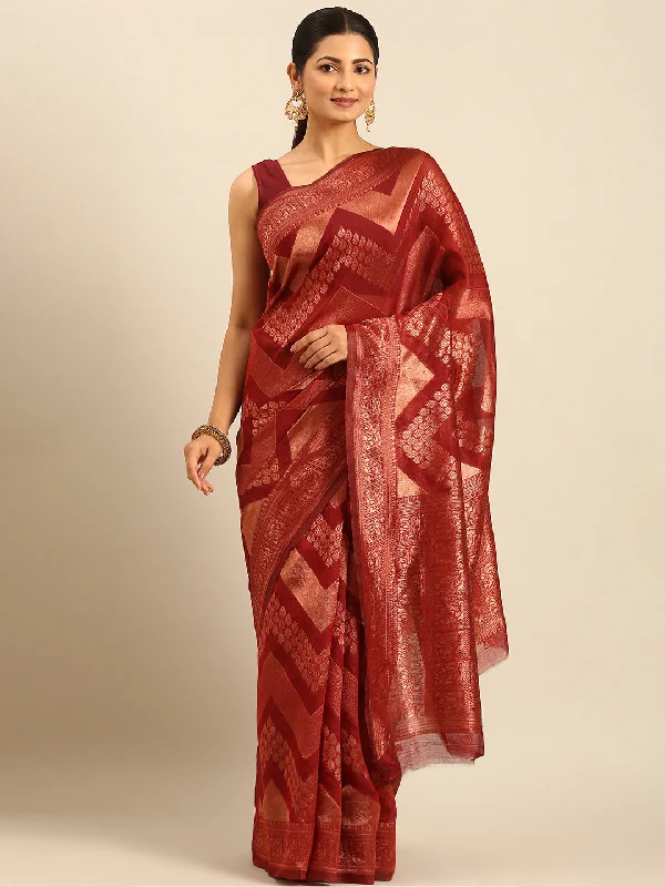 Women Maroon Cotton Saree With Un Stitched Blouse Elegant Silk Blouse