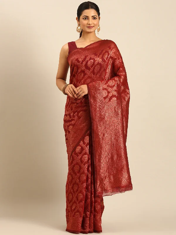 Women Maroon Cotton Saree With Un Stitched Blouse Modern Oversized Blouse
