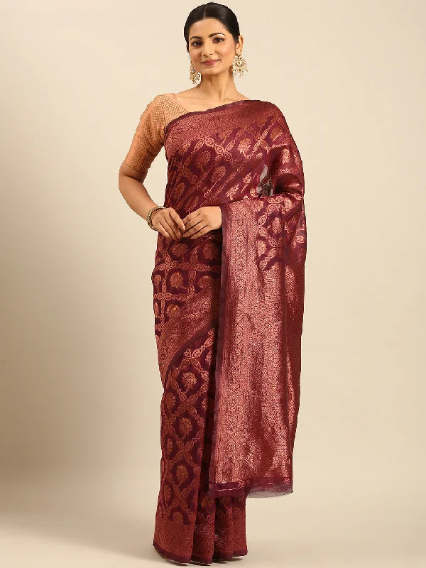Women Wine Cotton Saree With Un Stitched Blouse Mandarin Collar Blouse