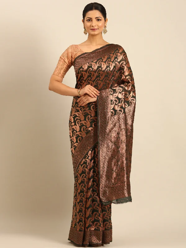 Women Bottle Green Cotton Saree With Un Stitched Blouse Feminine Satin Blouse