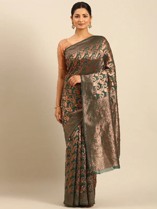 Women Green Cotton Saree With Un Stitched Blouse Modern Work Blouse