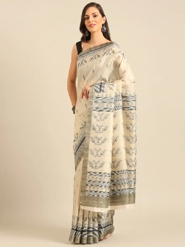 Women Cream Cotton Saree With Un Stitched Blouse Elegant Semi-Sheer Blouse