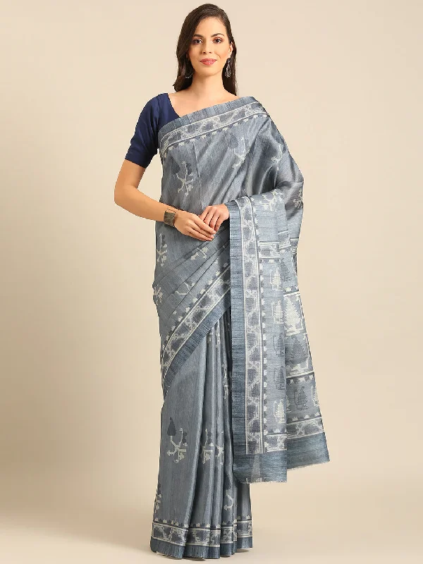 Women Grey Cotton Saree With Un Stitched Blouse Stretchy Fitted Blouse