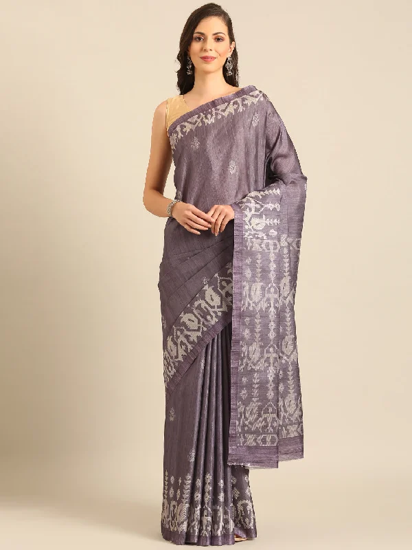 Women Purple Cotton Saree With Un Stitched Blouse Sleeveless Chiffon Blouse