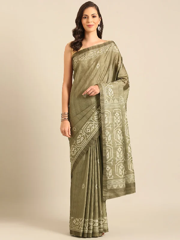 Women Olive Green Cotton Saree With Un Stitched Blouse Casual Stripe Blouse