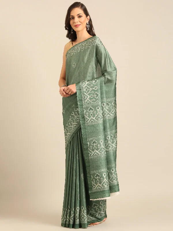 Women Green Cotton Saree With Un Stitched Blouse Sweetheart Neck Blouse