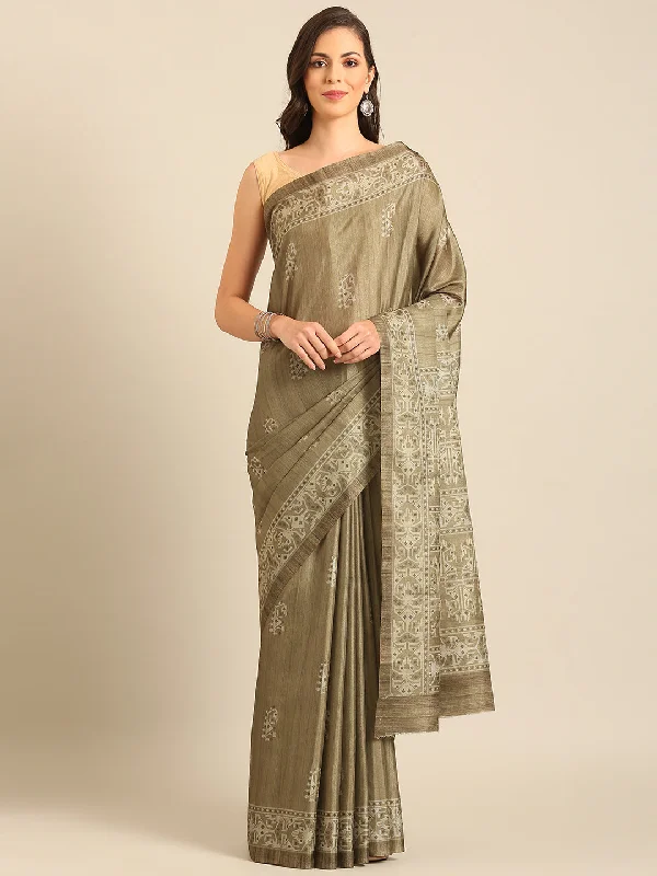 Women Olive Green Cotton Saree With Un Stitched Blouse Chic Sleeveless Blouse