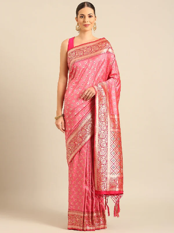 Women Light Pink Banarasi Silk Saree With Un Stitched Blouse Delicate Pleat Blouse