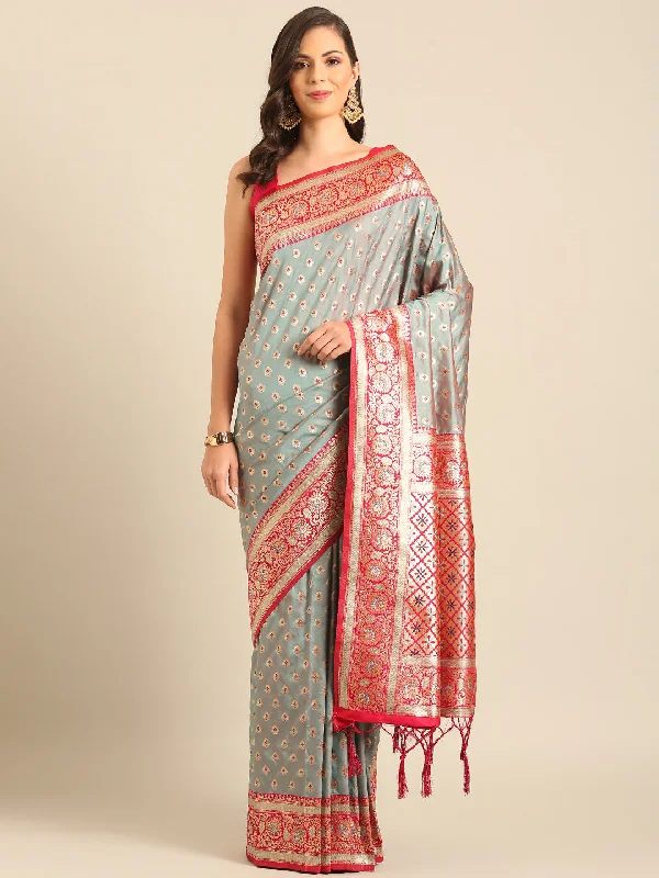 Women Sea Green Banarasi Silk Saree With Un Stitched Blouse Lightweight Tunic Blouse