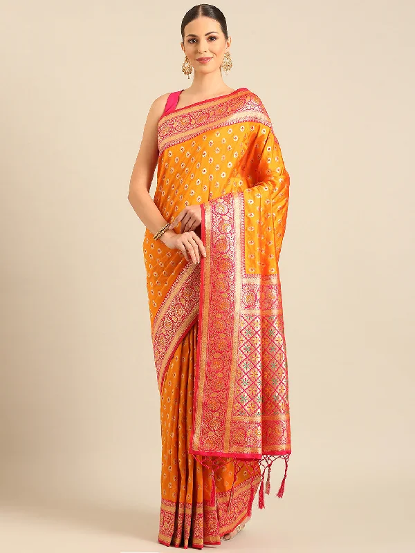 Women Mustard Banarasi Silk Saree With Un Stitched Blouse Collared Satin Blouse