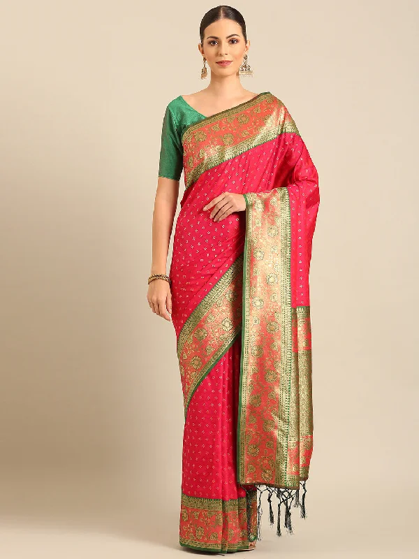 Women Pink Banarasi Silk Saree With Un Stitched Blouse Sheer Sleeve Blouse