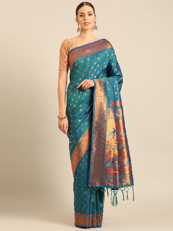 Women Turquoise Banarasi Silk Saree With Un Stitched Blouse Double Button Blouse