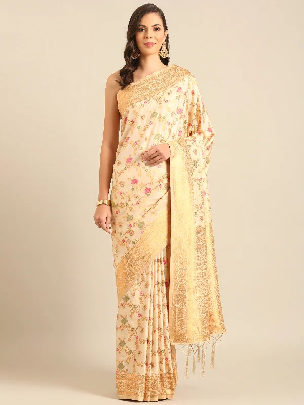 Women Cream Banarasi Silk Saree With Un Stitched Blouse Romantic Lace Blouse