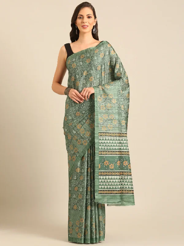 Women Green Cotton Saree With Un Stitched Blouse Short Sleeve Blouse