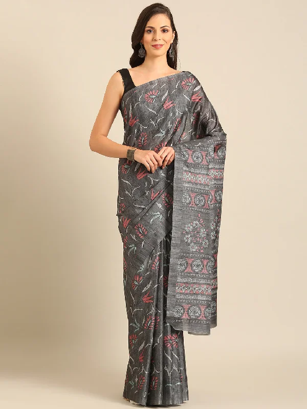Women Grey Cotton Saree With Un Stitched Blouse Frilled Cuff Blouse
