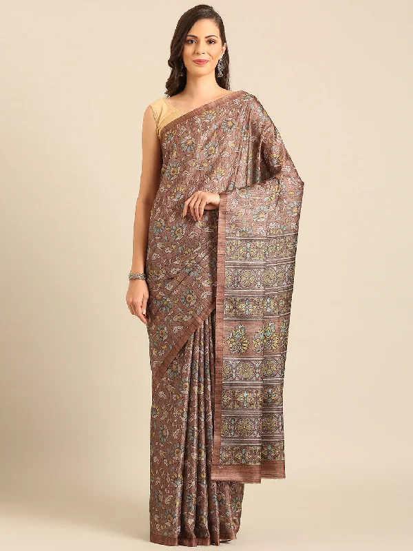 Women Brown Cotton Saree With Un Stitched Blouse Silky Draped Blouse