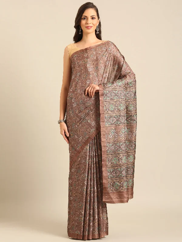 Women Brown Cotton Saree With Un Stitched Blouse Textured Cotton Blouse