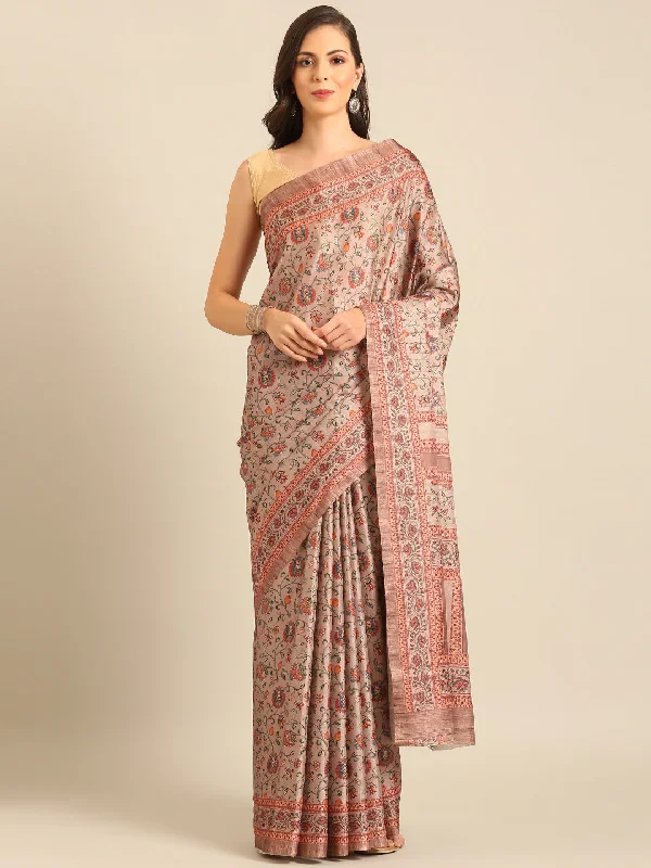 Women Khakhi Cotton Saree With Un Stitched Blouse Flowy Bohemian Blouse