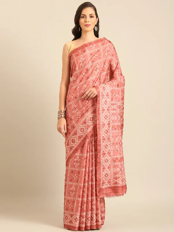 Women Peach Cotton Saree With Un Stitched Blouse Delicate Bow Blouse