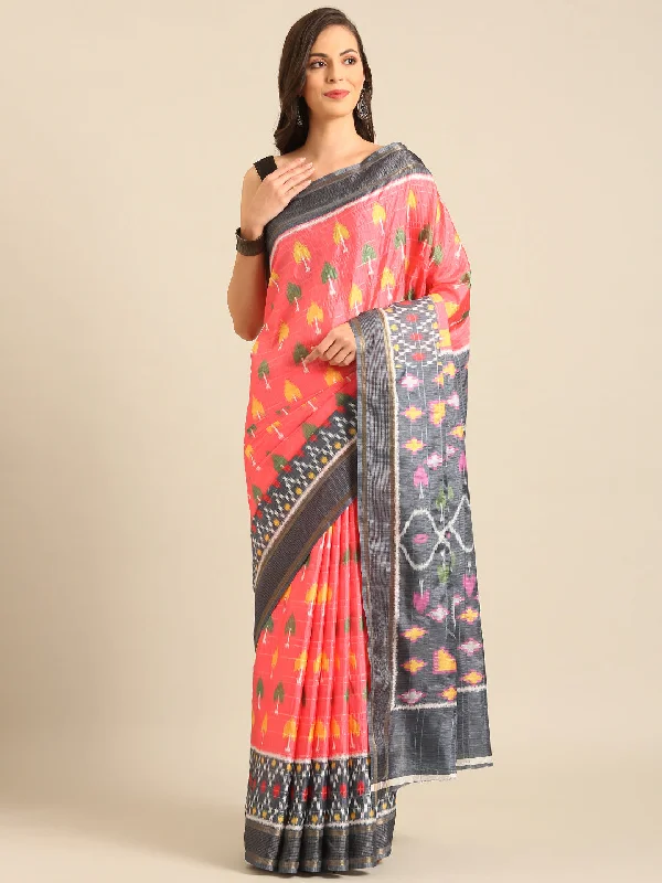 Women Pink Cotton Saree With Un Stitched Blouse Relaxed Fit Blouse