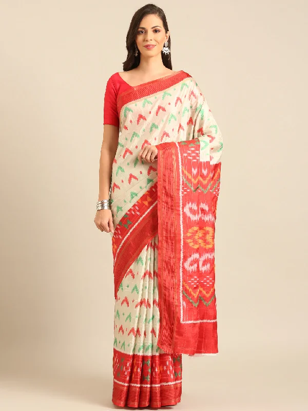 Women Cream Cotton Saree With Un Stitched Blouse Classic Striped Blouse