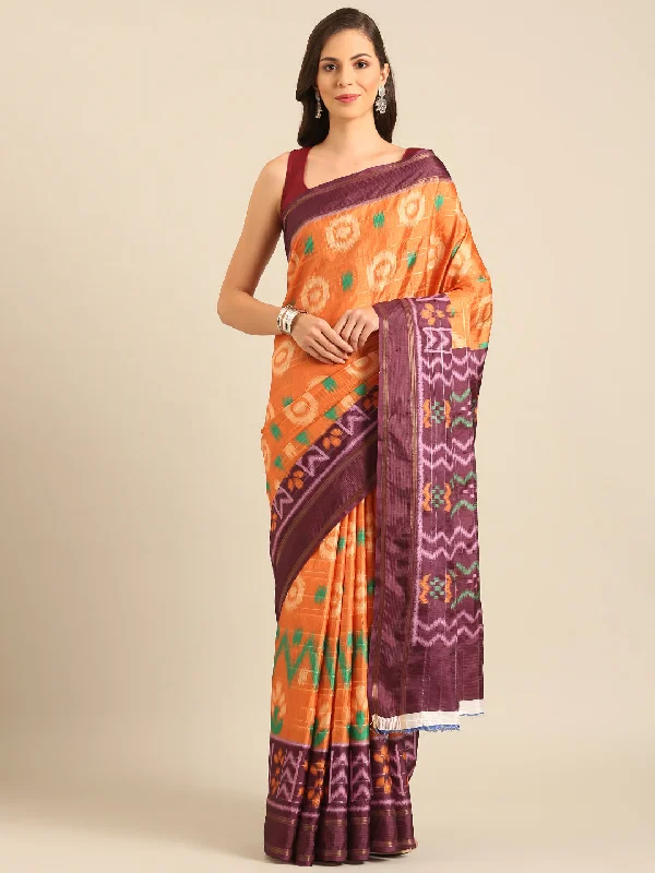 Women Orange Cotton Saree With Un Stitched Blouse Chic Off-Shoulder Blouse