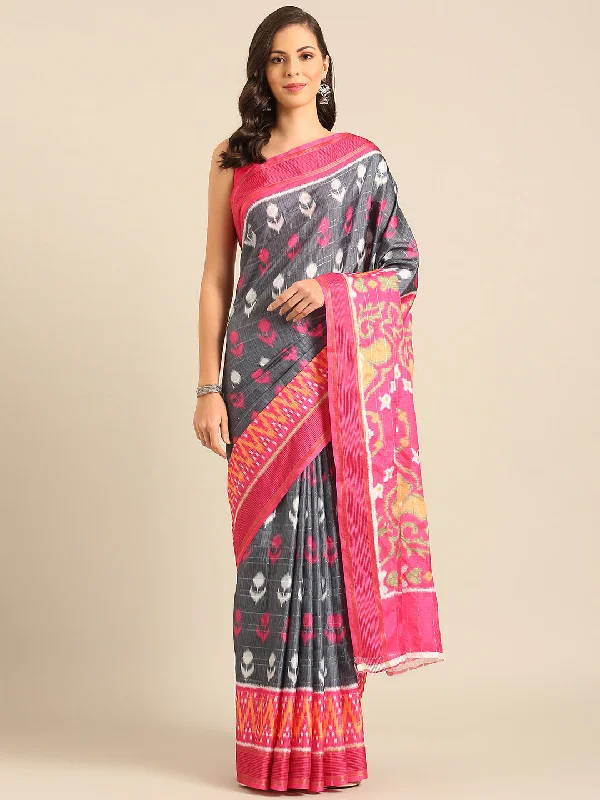 Women Grey Cotton Saree With Un Stitched Blouse Ruffled Neck Blouse