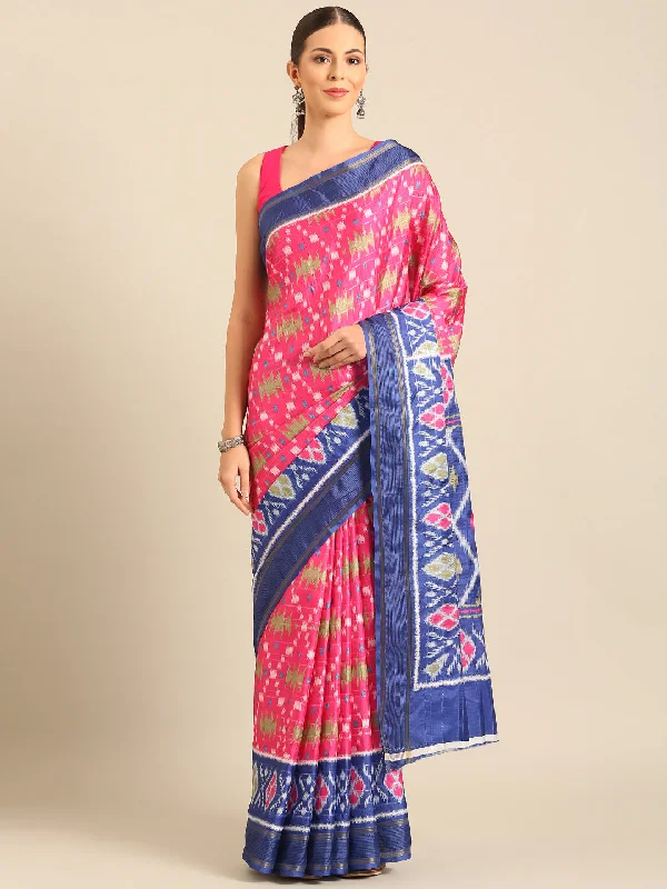 Women Pink Cotton Saree With Un Stitched Blouse Peter Pan Blouse