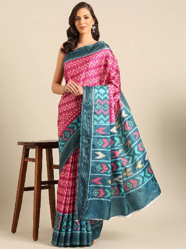 Women Magenta Cotton Saree With Un Stitched Blouse Boho Printed Blouse