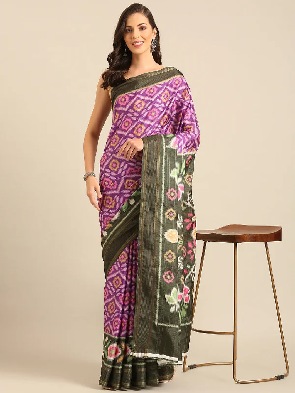 Women Purple Cotton Saree With Un Stitched Blouse Puff Sleeve Blouse