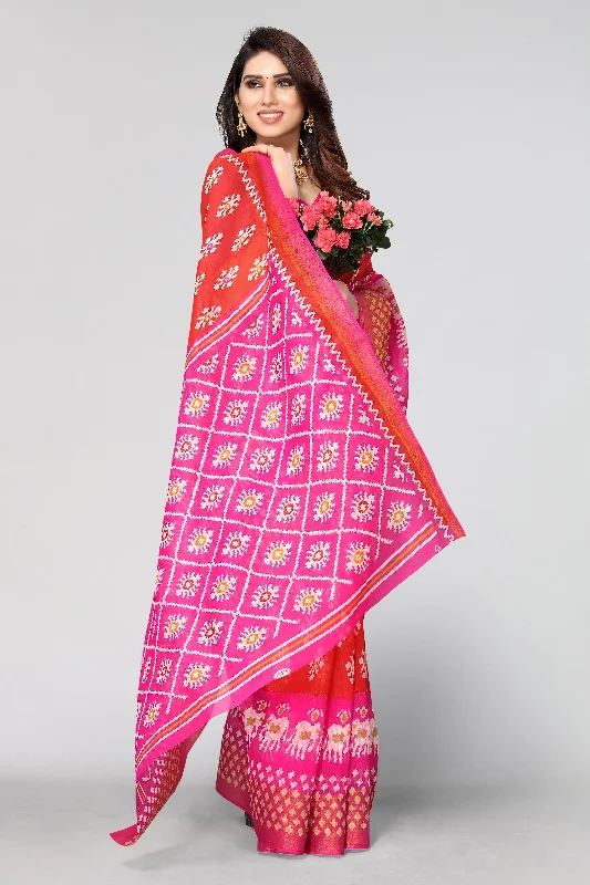 Women Casual Wear Printed Cotton Silk Saree With Un Stitched Blouse Delicate Pleat Blouse