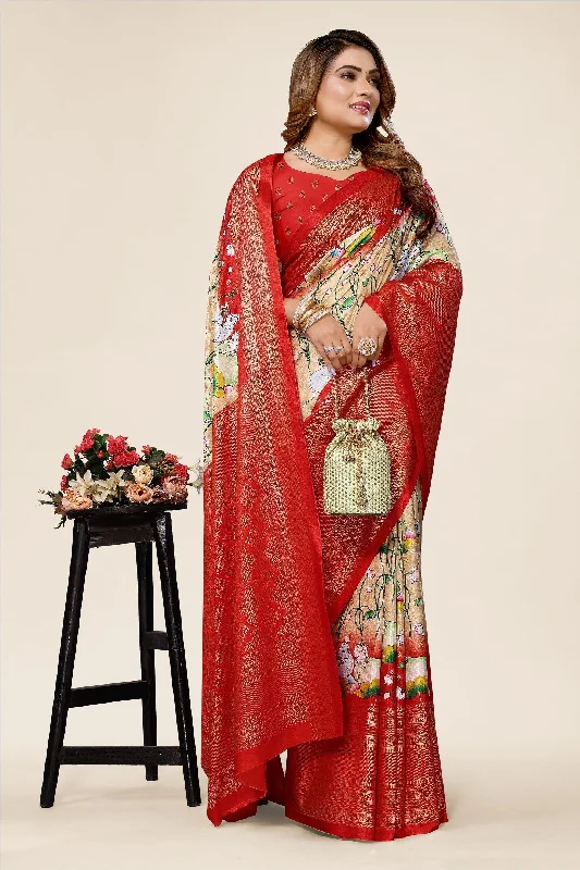 Women Casual Wear Printed Dhola Silk Saree With Un Stitched Blouse Elegant Semi-Sheer Blouse Women Casual Wear Printed Dhola Silk Saree With Un Stitched Blouse Elegant Semi-Sheer Blouse