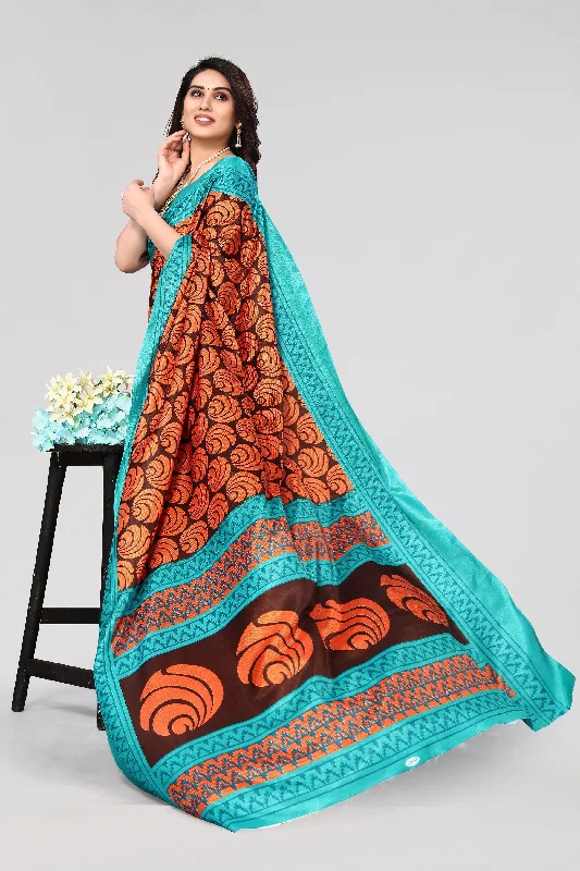 Women Casual Wear Printed Khadi Silk Saree With Un Stitched Blouse Ruched Sleeve Blouse Women Casual Wear Printed Khadi Silk Saree With Un Stitched Blouse Ruched Sleeve Blouse