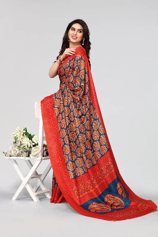 Women Casual Wear Printed Khadi Silk Saree With Un Stitched Blouse Peter Pan Collar Blouse Women Casual Wear Printed Khadi Silk Saree With Un Stitched Blouse Peter Pan Collar Blouse