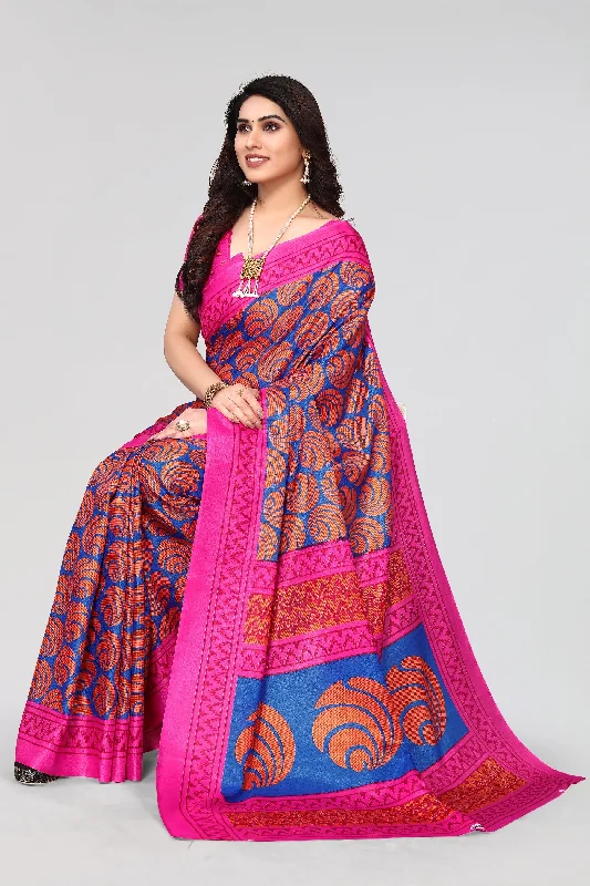 Women Casual Wear Printed Khadi Silk Saree With Un Stitched Blouse Asymmetric Hem Blouse Women Casual Wear Printed Khadi Silk Saree With Un Stitched Blouse Asymmetric Hem Blouse