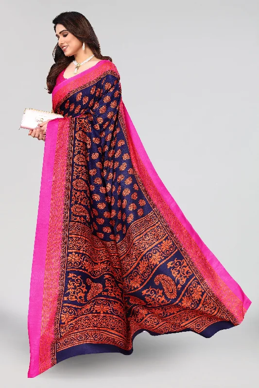 Women Casual Wear Printed Khadi Silk Saree With Un Stitched Blouse Embellished Collar Blouse Women Casual Wear Printed Khadi Silk Saree With Un Stitched Blouse Embellished Collar Blouse