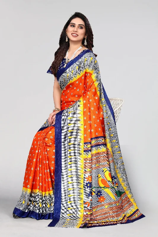 Women Casual Wear Printed Khadi Silk Saree With Un Stitched Blouse Feminine Puff Blouse