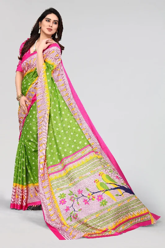 Women Casual Wear Printed Khadi Silk Saree With Un Stitched Blouse High Neck Blouse