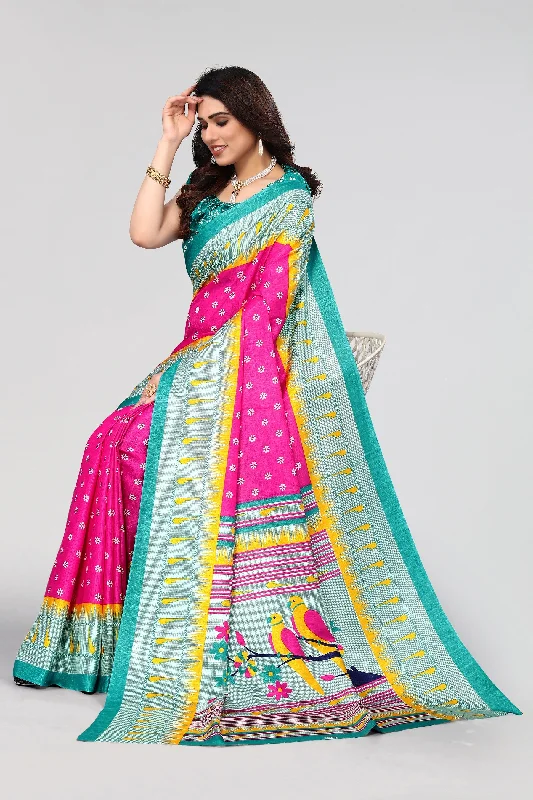 Women Casual Wear Printed Khadi Silk Saree With Un Stitched Blouse Elegant Office Blouse Women Casual Wear Printed Khadi Silk Saree With Un Stitched Blouse Elegant Office Blouse